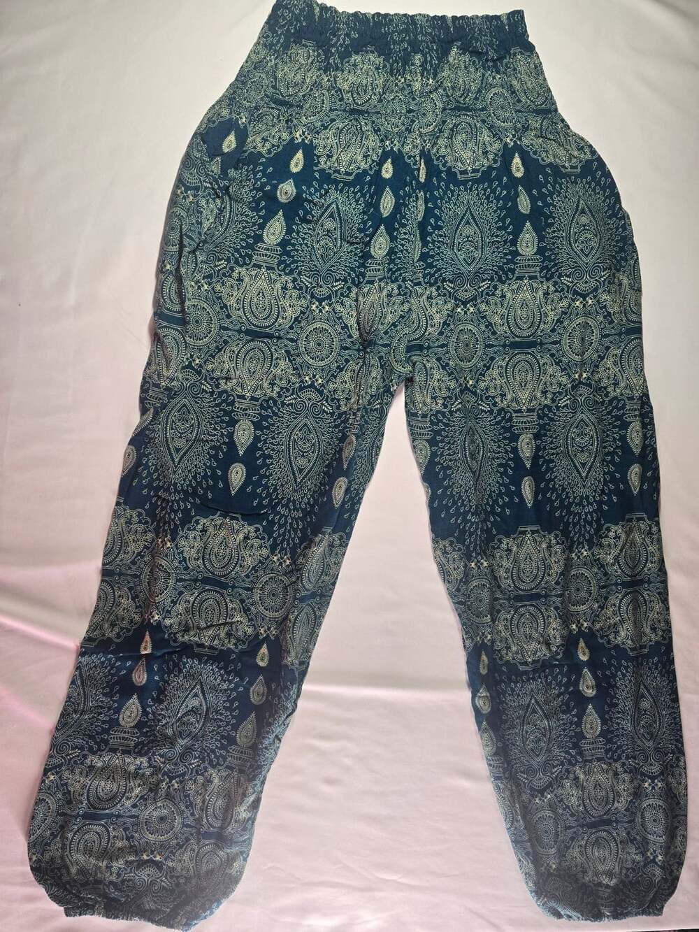 Boho Hippie Blue Paisley Mandala High-Waisted Harem Yoga Pants.